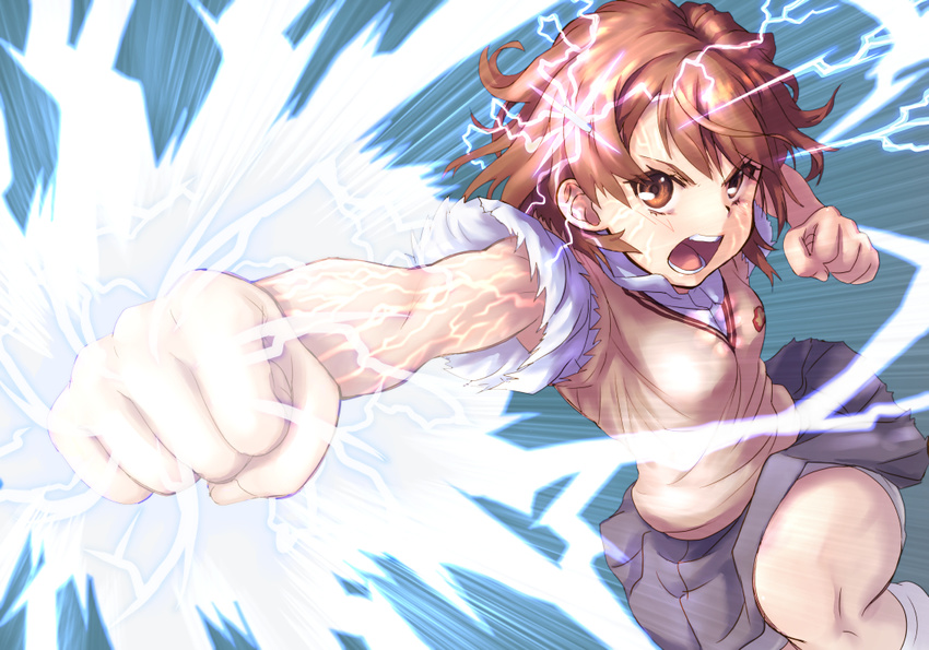 :o armpit_peek biribiri blush brown_eyes brown_hair clenched_hands collared_shirt electricity emblem eyebrows eyelashes feet_out_of_frame fingernails hair_ornament hairclip kneehighs knees leg_up looking_at_viewer misaka_mikoto outstretched_arm raika9 school_uniform shirt short_sleeves shorts shorts_under_skirt solo sweater_vest thick_eyebrows thighs to_aru_kagaku_no_railgun to_aru_majutsu_no_index torn_clothes torn_sleeves tsurime v-shaped_eyebrows white_legwear white_shirt white_shorts