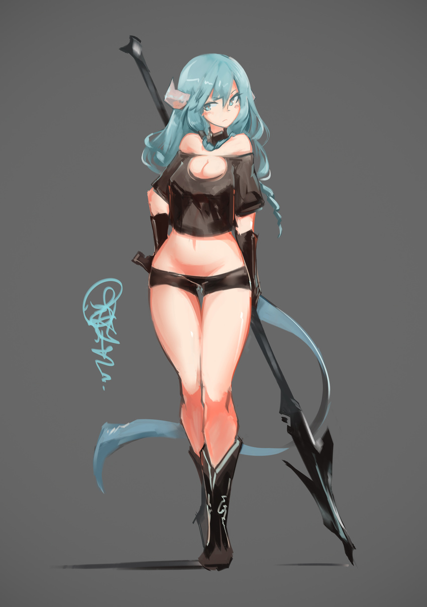 absurdres bare_shoulders black_gloves blue_eyes blue_hair blush breasts cleavage cleavage_cutout commentary_request crop_top crop_top_overhang deel_(rkeg) detached_collar dragon_girl dragon_horns dragon_tail full_body gloves grey_background hand_on_hip highres horns large_breasts long_hair lowleg lowleg_shorts midriff navel off-shoulder_shirt original polearm shiny shiny_skin shirt short_shorts shorts simple_background solo tail thigh_gap weapon