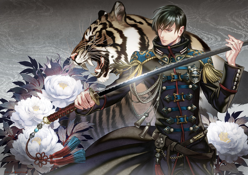 aiguillette animal badge black_eyes black_hair closed_mouth coat cowboy_shot epaulettes floral_background flower holding holding_sword holding_weapon long_sleeves looking_to_the_side male_focus military military_uniform pants plant shinoda_masafumi solo sword tassel tiger uniform weapon white_flower wolfina world_trigger