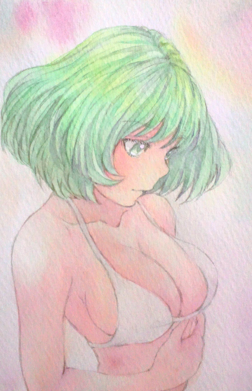 bikini breasts cleavage green_eyes green_hair highres idolmaster idolmaster_cinderella_girls large_breasts short_hair solo swimsuit takagaki_kaede traditional_media watercolor_(medium) yuyu_(00365676)