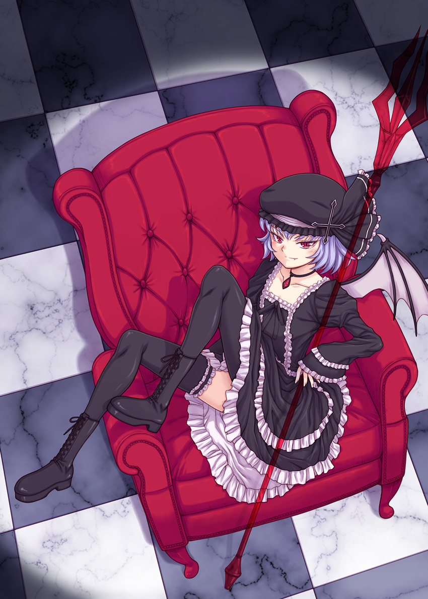 alternate_costume alternate_headwear armchair bat_wings black_dress black_legwear blush boots chair checkered checkered_floor choker collarbone cross-laced_footwear dress dutch_angle fang frilled_dress frills full_body gothic_lolita hat hat_ribbon highres lace-up_boots lolita_fashion long_sleeves looking_at_viewer mob_cap orebalgum puffy_sleeves red_eyes remilia_scarlet ribbon short_hair sitting smile solo spear_the_gungnir thighhighs touhou wide_sleeves wings