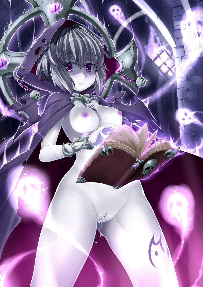 absurdres book bracelet breasts butter-t cape celtic_cross cowboy_shot cross floating_book ghost glowing grey_hair highres hood jewelry jpeg_artifacts lich_(monster_girl_encyclopedia) looking_at_viewer magic medium_breasts monster_girl monster_girl_encyclopedia naked_cape nipples nude open_book pale_skin purple_eyes pussy pussy_juice short_hair skull smile solo tattoo uncensored