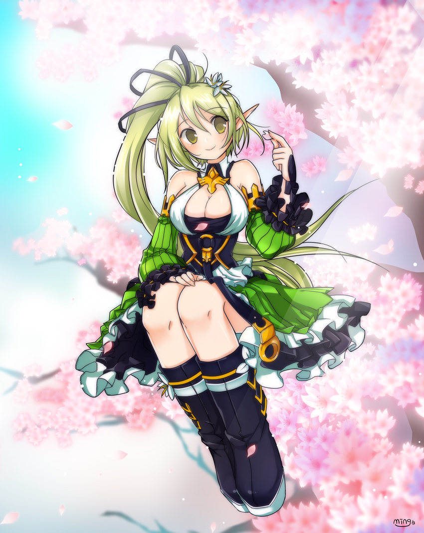 absurdres breasts cleavage detached_sleeves elsword flower frills green_eyes green_hair green_sleeves hair_flower hair_ornament hair_ribbon highres large_breasts long_hair ming_(wldi0132) petals pointy_ears ponytail rena_(elsword) ribbon side_ponytail smile solo wind_sneaker_(elsword)