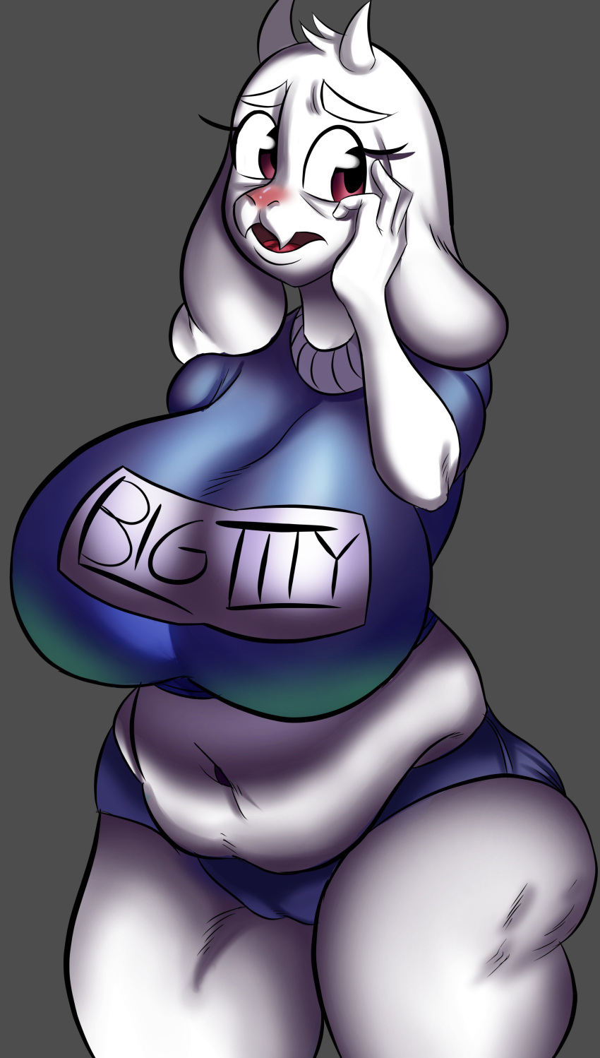 anthro belly big_breasts blush boss_monster breasts camel_toe caprine clothed clothing embarrassed english_text eyelashes female front_view fur goat hand_on_face horn huge_breasts isolatedartest_(artist) long_ears looking_away mammal midriff navel pink_eyes skimpy slightly_chubby solo standing text tight_clothing toriel undertale video_games white_fur