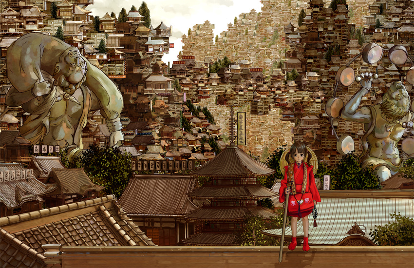 architecture brown_hair city cityscape east_asian_architecture fuujin hat japanese_clothes katou_fumitaka long_hair looking_at_viewer original raijin staff statue tabi tower tree twintails