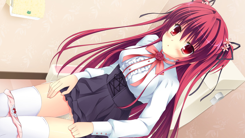 blush breasts censored flower flower_ornament hair_flower hair_ornament hair_ribbon highres large_breasts long_hair love_ra_bride mosaic_censoring panties panty_pull pee peeing pink_panties red_eyes red_hair ribbon sakuranomori_misaki sitting solo takano_yuki_(allegro_mistic) thighhighs toilet toilet_paper toilet_use underwear very_long_hair white_legwear