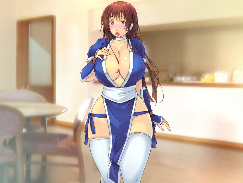 blush breast_grab breasts brown_hair chair choker cleavage dead_or_alive erect_nipples gauntlets highres huge_breasts japanese_clothes kasumi_(doa) legs long_hair looking_down mound_of_venus parted_lips puffy_nipples red_eyes shiny shiny_skin short_sleeves solo standing table thighhighs thighighs thighs white_legwear yoko_juusuke