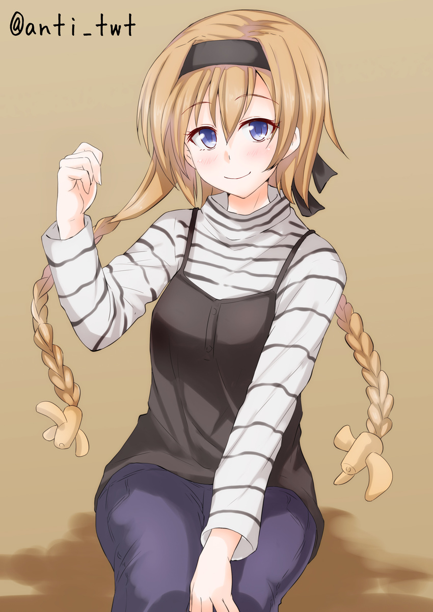 anti_(untea9) artist_name blonde_hair blue_eyes blue_pants blush braid camisole camisole_over_clothes closed_mouth denim eyebrows eyebrows_visible_through_hair hair_between_eyes hair_ornament hairband hand_on_own_knee highres horizontal_stripes jeans kantai_collection long_hair long_sleeves looking_at_viewer pants propeller_hair_ornament simple_background sitting smile solo striped tareme teruzuki_(kantai_collection) turtleneck twin_braids yellow_background