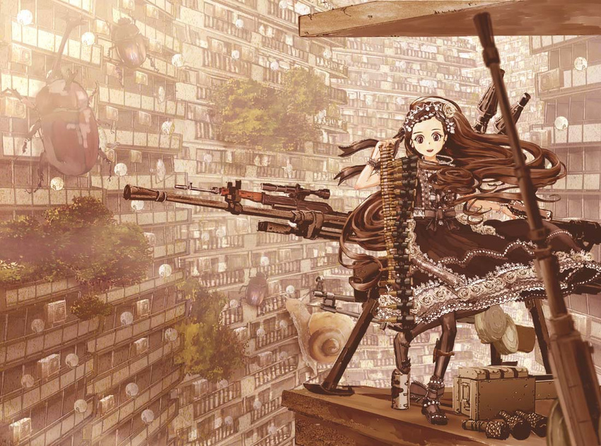 ammunition_belt animal beetle brown_eyes brown_hair bug building dragunov_svd explosive flower grenade gun insect jewelry katou_fumitaka long_hair necklace oversized_animal rifle rocket_launcher rose rpg snail sniper_rifle solo turret weapon