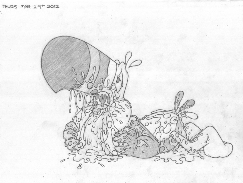 2012 after_sex avian bird cum cum_covered cum_string half-closed_eyes lying male mascot messy mizzyam monochrome on_front open_mouth pencil_(artwork) side_view solo toucan toucan_sam traditional_media_(artwork)
