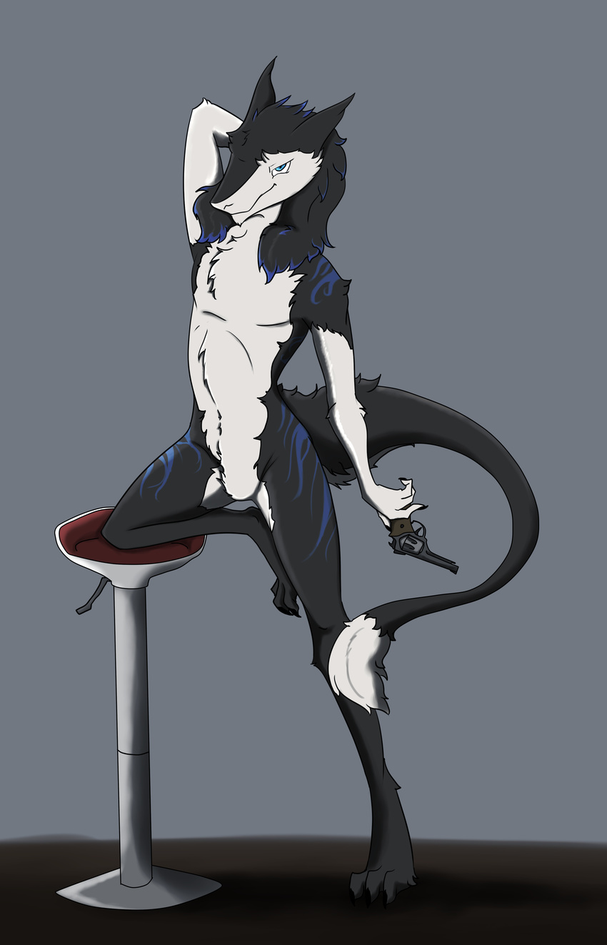 aspeel blue_eyes cute fluffy gun looking_at_viewer male nude ranged_weapon sergal smile weapon young