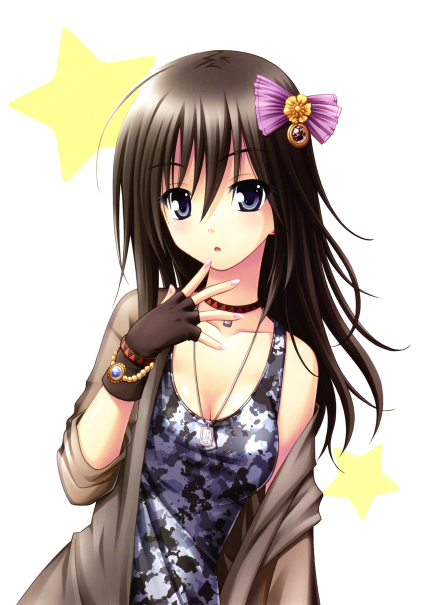 :o absurdres bare_shoulders black_dress blue_eyes blush breasts brown_gloves brown_hair character_request cleavage dress fingerless_gloves floral_print gloves highres jewelry matra_milan medium_breasts necklace official_art omamori_himari parted_lips pendant simple_background sleeveless sleeveless_dress solo white_background