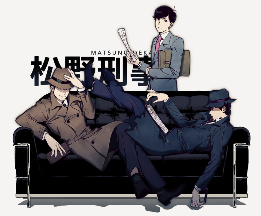 5plus5 brothers clipboard couch cowlick detective envelope fedora formal grey_background hat hat_over_eyes male_focus manila_envelope matsuno_choromatsu matsuno_ichimatsu matsuno_todomatsu multiple_boys necktie osomatsu-kun osomatsu-san pink_neckwear siblings simple_background sitting suit tongue tongue_out torn_clothes trench_coat