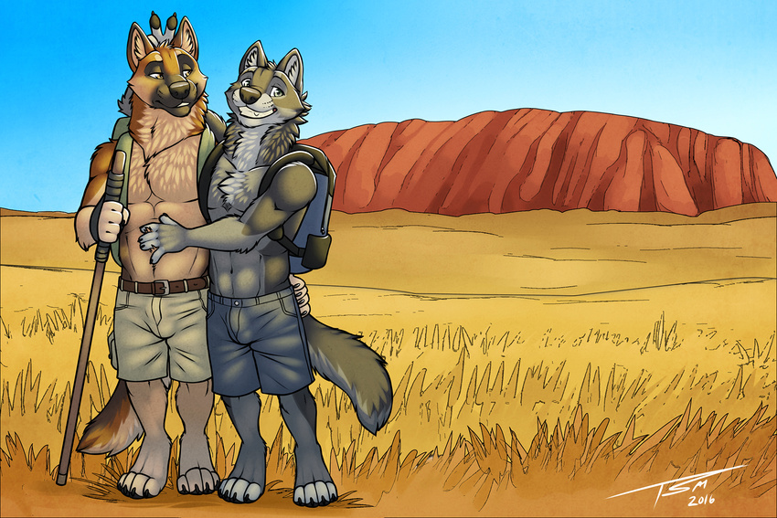 anthro australia backpack bulge canine clothed clothing dog duo german_shepherd looking_at_viewer male male/male mammal muscular outside romantic_couple silly smile topless tsaiwolf walking_stick wolf