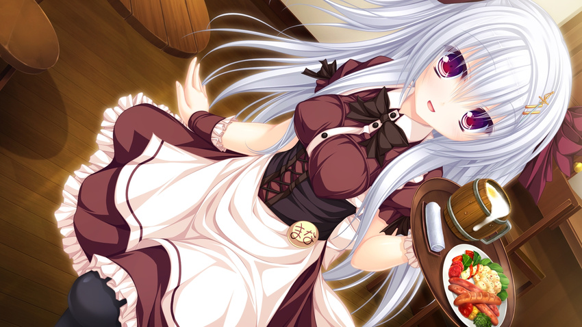 1girl bow corset drink female food grey_hair justy_x_nasty long_hair mikagami_mamizu onose_mana red_eyes ribbon waitress whirlpool