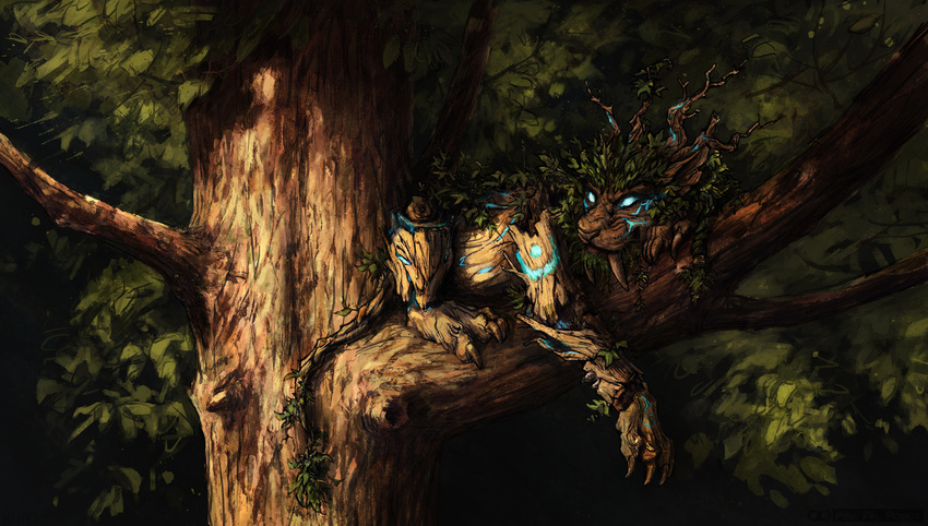 2016 ambiguous_gender blue_eyes branch claws digital_media_(artwork) digital_painting_(artwork) feline feral feral_druid glowing glowing_eyes kenket leaves mammal markings resting saber-toothed_cat shaded solo tree video_games warcraft