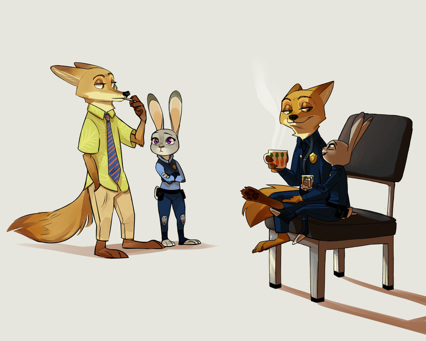 2016 anthro barefoot canine chair claws clothing coffee_cup crossed_arms crossed_legs digital_media_(artwork) dipstick_tail disney duo female fox fur judy_hopps lagomorph looking_back male mammal multicolored_tail multiple_positions nick_wilde pawpads police_uniform rabbit raiilynezz simple_background smile toe_claws uniform zootopia