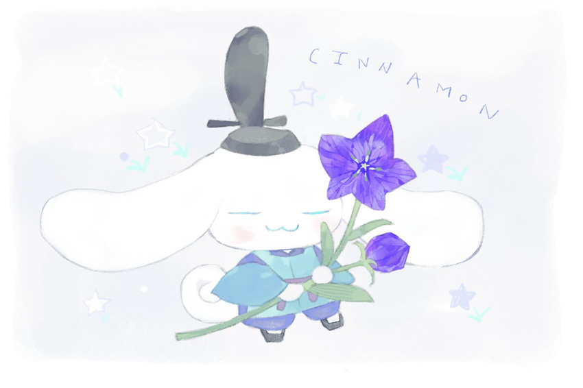 bellflower cinnamoroll closed_eyes flower hat highres holding holding_flower japanese_clothes nishihara_isao no_humans sanrio smile star tate_eboshi