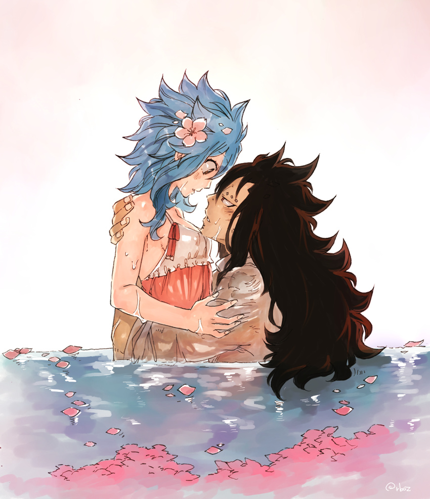 1girl black_hair blue_hair couple eye_contact fairy_tail flower gajeel_redfox hair_flower hair_ornament levy_mcgarden partially_submerged petals rusky spiked_hair water