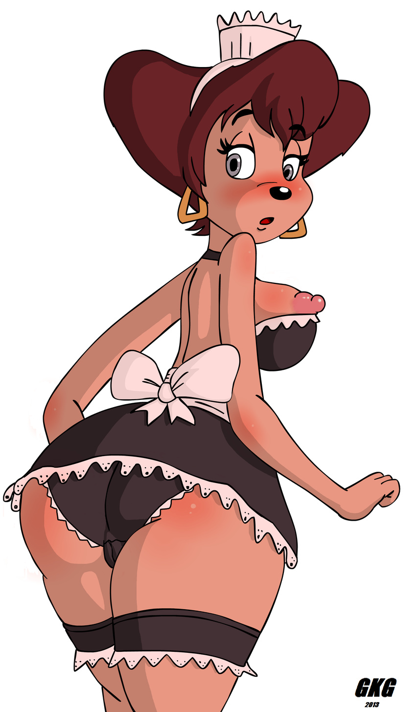 absurd_res anthro big_breasts blush breasts brown_hair butt camel_toe canine clothed clothing disney ear_piercing erect_nipples female gkg goof_troop hair hi_res looking_back maid_uniform mammal mature_female mother nipples parent peg_pete piercing skimpy solo underwear uniform