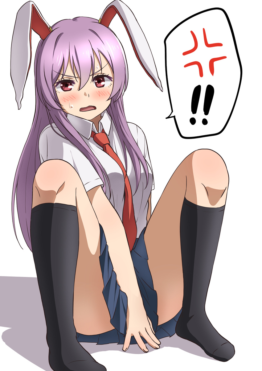 1girl anger_vein animal_ears between_breasts breasts bunny_ears highres long_hair necktie necktie_between_breasts omaehadareda-uso open_mouth pink_hair raised_eyebrows red_eyes reisen_udongein_inaba solo spoken_anger_vein spoken_exclamation_mark sweatdrop touhou