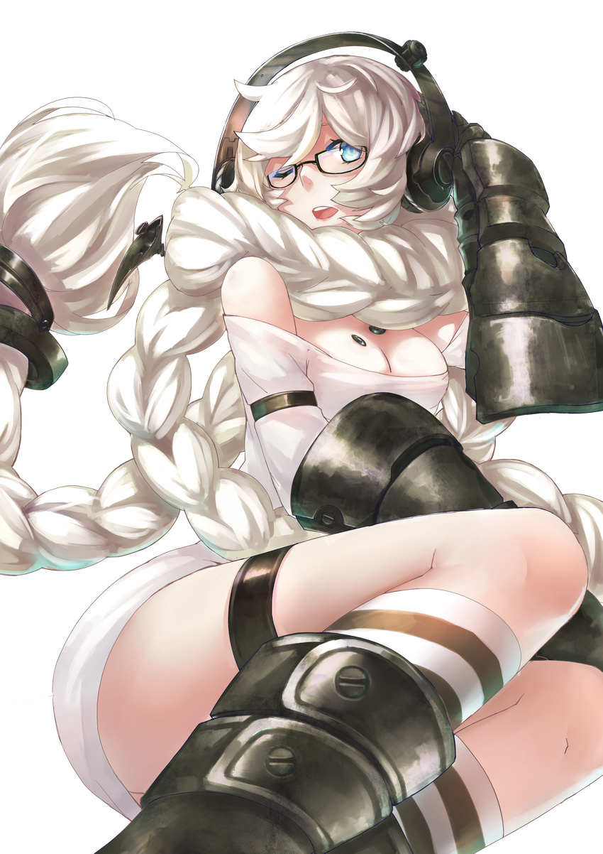 absurdres bare_shoulders blue_eyes braid gauntlets glasses hair_scarf headphones highres kantai_collection long_hair looking_at_viewer off_shoulder one_eye_closed open_mouth power_fist shinkaisei-kan single_braid solo supply_depot_hime white_hair yan_wen_zi