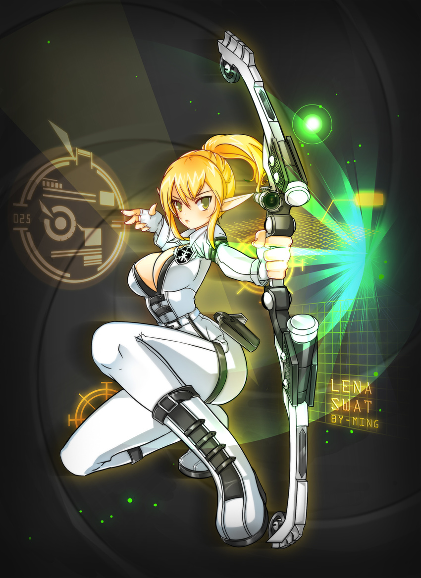 absurdres alternate_hair_color black_background blonde_hair bodysuit bow_(weapon) breasts cleavage elsword expressionless fingerless_gloves gloves green_eyes highres large_breasts long_hair looking_at_viewer ming_(wldi0132) no_nose open_clothes open_shirt pointy_ears ponytail rena_(elsword) shirt sidelocks solo squatting weapon white_gloves