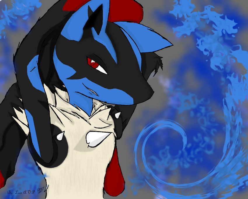 chest_spike lucario male mega_evolution mega_lucario nintendo pok&eacute;mon red_eyes video_games