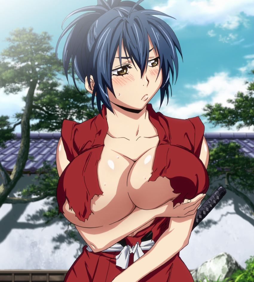 1girl blue_hair blush breast_hold breasts cleavage embarrassed hoods_entertainment huge_breasts kaneko_hiraku manyuu_chifusa manyuu_hikenchou outdoors screencap solo_focus stitched sweat underboob yellow_eyes