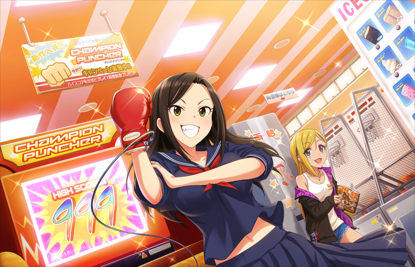 arcade artist_request bare_shoulders blonde_hair boxing_gloves breasts brown_hair collarbone earrings eyelashes fujimoto_rina grey_eyes grin hood hoodie idolmaster idolmaster_cinderella_girls idolmaster_cinderella_girls_starlight_stage jewelry large_breasts long_hair looking_at_viewer mukai_takumi multiple_girls navel official_art open_mouth school_uniform serafuku shorts skirt smile yellow_eyes