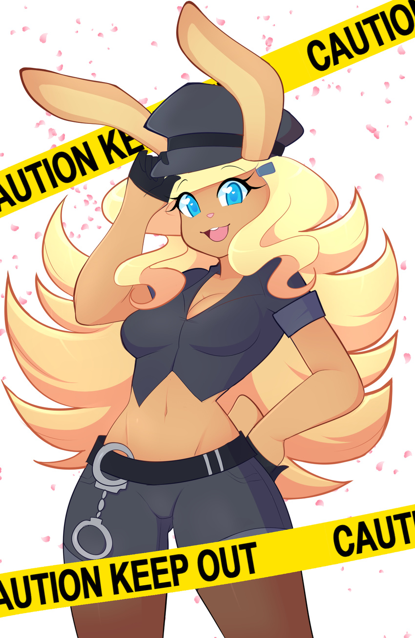 2016 anthro blonde_hair blue_eyes breasts brown_fur cleavage clothed clothing english_text female fur gloves hair handcuffs hat hi_res lagomorph legwear long_hair looking_at_viewer mammal midriff navel pink_nose rabbit senseidezzy shackles shirt shorts smile solo standing stockings text tongue