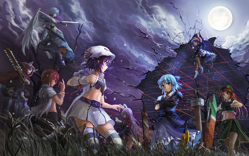 6+girls adapted_costume advent_cirno alternate_costume animal animal_ears armband asymmetrical_gloves bandages bangs belt beret bike_shorts black_gloves black_shorts blue_bow blue_eyes blue_hair blue_skirt bow braid broken bunny bunny_ears cape capelet chainsaw cirno clenched_hand cloak closed_mouth cloud collared_shirt commentary creator_connection crop_top crossed_arms crossover doremy_sweet dress dual_wielding engi_threepiece english_commentary eye_contact eyebrows eyebrows_visible_through_hair feathered_wings fighting_stance flying freeze-ex frills fujiwara_yumeji full_moon gloves grass green_skirt hair_bow hair_ribbon hat hat_ribbon holding holding_sword holding_weapon hong_meiling hood hooded_cloak jacket john_doe_(yumekui_merry) key light_particles long_hair long_sleeves looking_at_another mask merry_nightmare midriff moon multiple_boys multiple_girls navel neck_ribbon night night_sky nightcap no_shoes outdoors overskirt own_hands_together pants pauldrons planted_sword planted_weapon pointy_ears pom_pom_(clothes) profile purple_hair red_cape red_eyes red_hair red_ribbon reisen_udongein_inaba ribbon sash scabbard sheath shirt short_hair short_sleeves shorts skirt skirt_set sky smile socks standing star stomach striped striped_legwear sword tail tapir_tail thighhighs torn_clothes torn_shirt touhou twin_braids waist_cape weapon white_gloves white_hat white_jacket white_legwear white_shirt white_skirt white_wings wings yumekui_merry