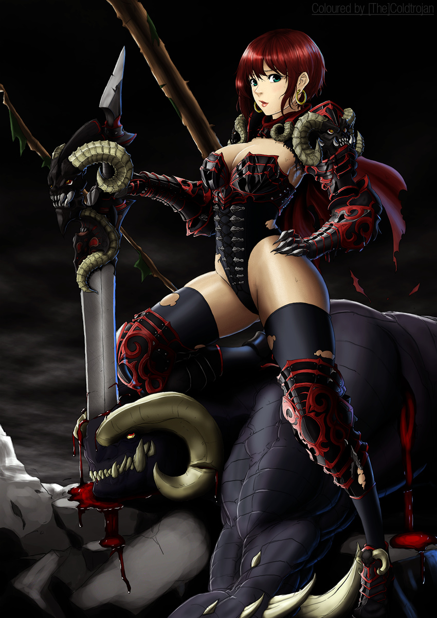 1girl absurdres armor cherrylich coldtrojan colored demon demon_horns earrings gorget hand_on_hip highres hoop_earrings horns jewelry leotard looking_at_viewer looking_to_the_side monster pauldrons sword thighhighs torn_clothes torn_thighhighs weapon