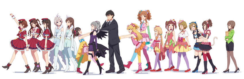 6+girls absurdres akagi_miria anastasia_(idolmaster) animal_ears arm_up black_hair blonde_hair brown_hair cat_ears closed_eyes dekitate_evo!_revo!_generation! detached_collar drill_hair formal futaba_anzu hat high_heels highres honda_mio idolmaster idolmaster_cinderella_girls jougasaki_rika kanzaki_ranko long_hair maekawa_miku mimura_kanako mismatched_legwear moroboshi_kirari multiple_girls necktie new_generations nitta_minami ogata_chieri open_mouth over_the_collar pantyhose pikapikapop producer_(idolmaster_cinderella_girls_anime) profile pure_white_memories red_legwear rosenburg_engel senkawa_chihiro shibuya_rin shimamura_uzuki short_hair silver_hair smile suit sweet2_happy tada_riina thighhighs thighhighs_under_boots twin_drills twintails two_side_up yahiro_(epicopeiidae)