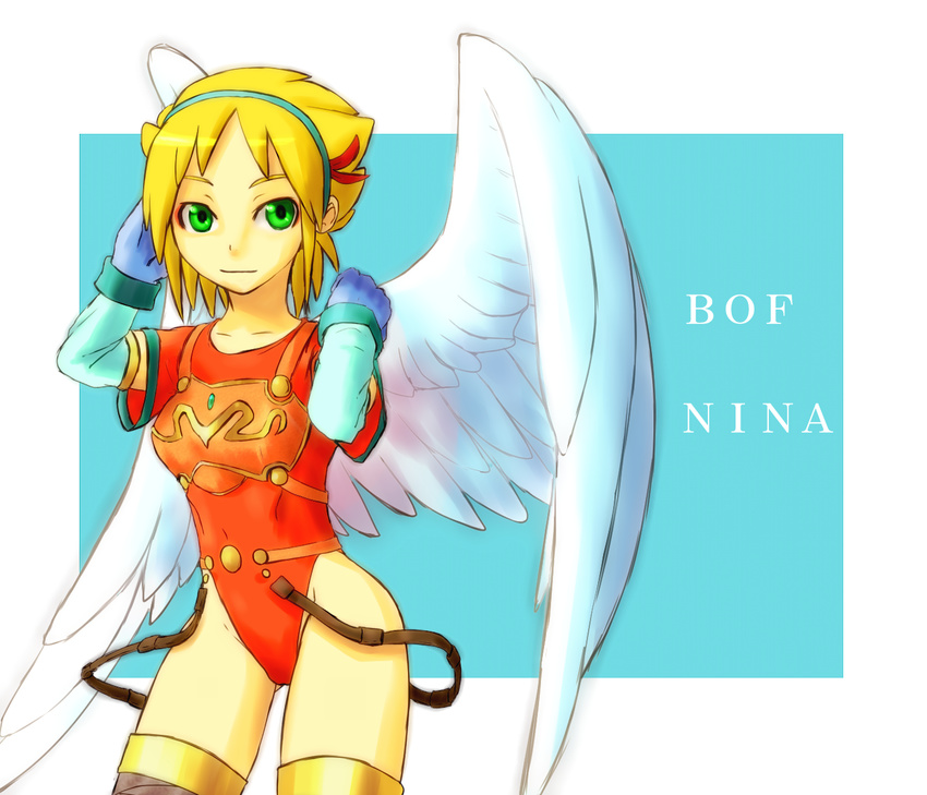 angel_wings armor blonde_hair boots breasts breath_of_fire breath_of_fire_i gloves green_eyes hairband highres large_wings leotard nina_(breath_of_fire_i) red_leotard short_hair small_breasts solo thighhighs torisei8 white_wings wings