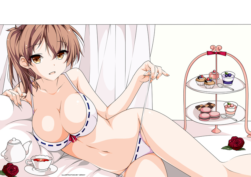 absurdres artist_name bow bow_bra bra breasts brown_eyes brown_hair checkerboard_cookie chocolate cleavage collarbone cookie cowboy_shot cup cupcake curtains derivative_work flat_color flower food highres holding indoors kaga_(kantai_collection) kantai_collection large_breasts long_hair looking_at_viewer lying macaron navel on_bed on_side open_mouth panties pillow red_flower red_rose ribbon-trimmed_bra ribbon-trimmed_panties ribbon_trim rose saucer side-tie_panties side_ponytail solo spoon sweets tea teacup teapot tiered_tray tray underwear underwear_only untied untied_panties verdy white_bra white_panties