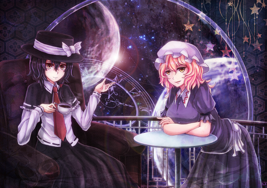 against_table armband bangs black_hair black_hat black_skirt blonde_hair bow breasts brown_eyes capelet chair clock collared_shirt crossed_arms cup dai_(yamii) dress earth fedora hair_between_eyes hair_tie hand_up hat hat_bow highres large_breasts leaning_on_object lens_flare long_skirt long_sleeves looking_at_viewer magical_astronomy maribel_hearn mob_cap multiple_girls necktie open_mouth planet purple_dress red_neckwear reflective_eyes ribbon-trimmed_clothes ribbon-trimmed_collar ribbon-trimmed_sleeves ribbon_trim roman_numerals seigaiha shiny shiny_hair shirt short_hair short_sleeves sitting skirt space star steam sun sunlight table tea teacup touhou usami_renko white_shirt yellow_eyes