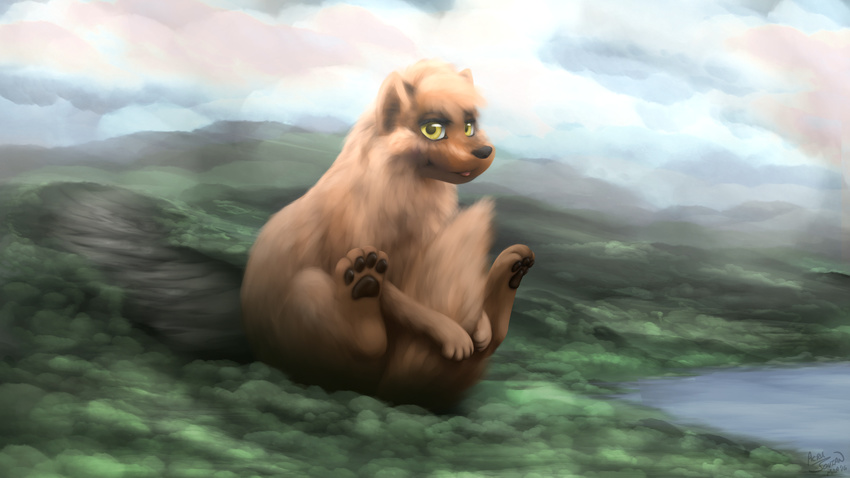 acru_jovian ambiguous_gender behemoth buttscoot canine cloud detailed_background digital_media_(artwork) fluffy forest fur hill macro mammal monster mountain path paws solo tongue tree trench water yellow_eyes