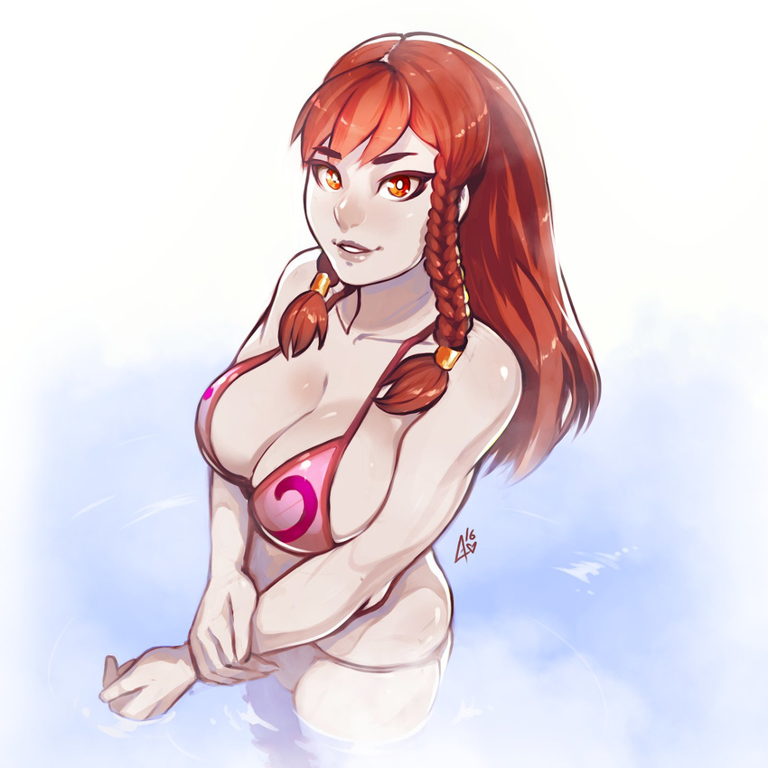 alternate_hairstyle bikini braid breasts chun-li cleavage collarbone erica_june_lahaie from_above hair_tubes highres large_breasts looking_at_viewer parted_lips partially_submerged red_eyes red_hair shiny shiny_skin signature smile solo street_fighter swimsuit twin_braids