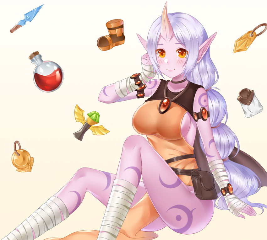 arm_wrap armlet bandaged_leg bandages bare_shoulders beige_background blush boots bracelet breasts brooch feet_out_of_frame gem highres horn jewelry large_breasts league_of_legends leg_wrap long_hair looking_at_viewer pointy_ears ponytail potion pouch purple_skin sideboob sitting smile solo soraka tattoo ubi_(ekdus6080) very_long_hair ward white_hair yellow_eyes