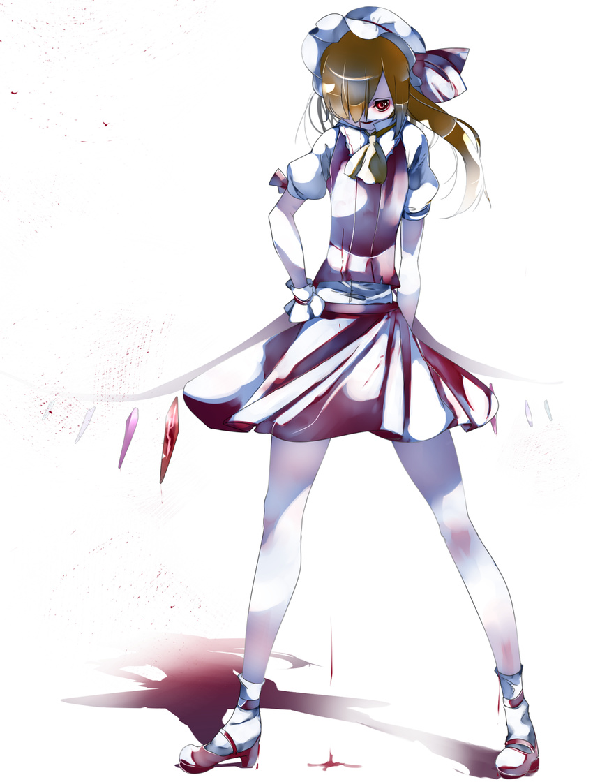 ascot bare_legs blonde_hair blood blood_from_mouth bloody_clothes commentary_request crystal demon_wings flandre_scarlet frilled_shirt_collar frills full_body hand_on_hip hat hat_ribbon highres ikurauni low_wings mary_janes no_neck ponytail puffy_short_sleeves puffy_sleeves red_eyes red_footwear red_ribbon red_skirt red_vest ribbon shaded_face shirt shoes short_sleeves skirt socks solo touhou vest white_legwear white_shirt wings wrist_cuffs