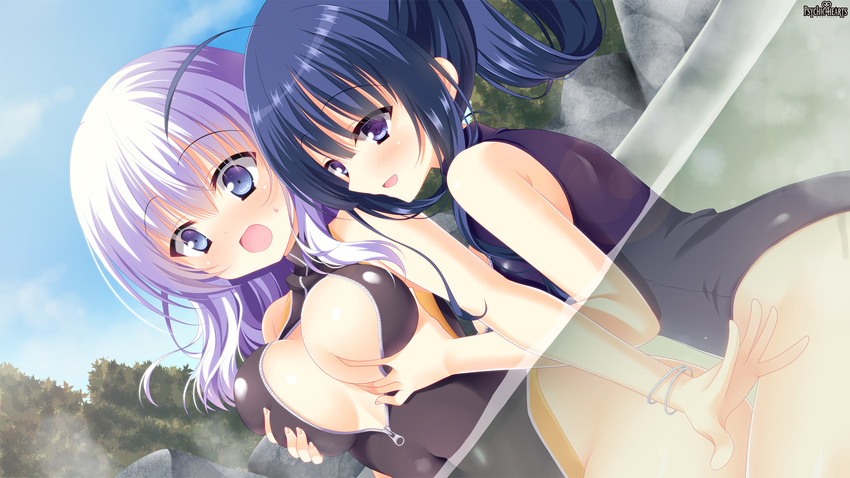 bangs bare_shoulders blue_eyes blue_hair blush bracelet breast_grab breasts day dutch_angle fingernails front_zipper_swimsuit grabbing grabbing_from_behind highres jewelry large_breasts long_hair looking_at_another meme_attire multiple_girls navel one-piece_swimsuit onsen open_mouth outdoors psychic_hearts silver_hair smile sweatdrop swimsuit yuri yuyumatsu zipper