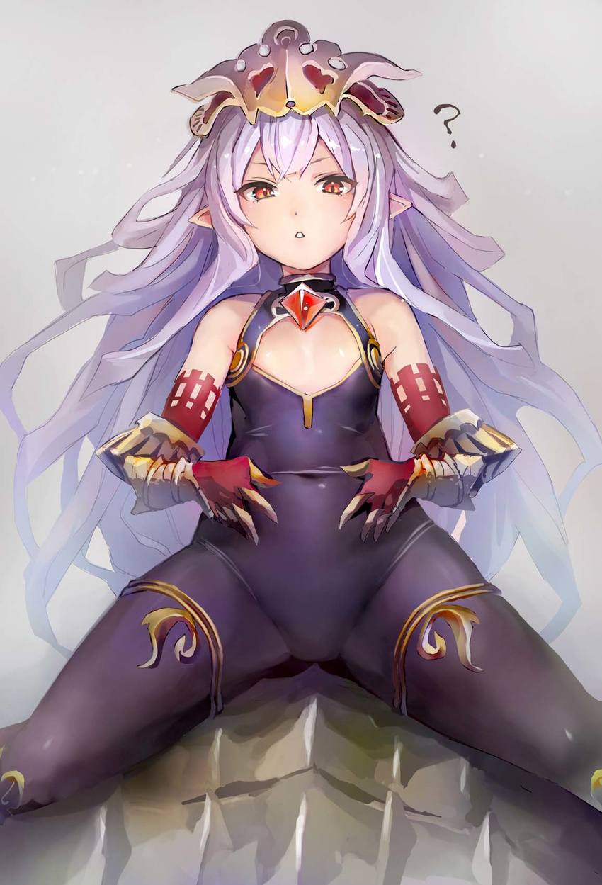 :o ? areola_slip areolae arm_guards bare_shoulders blue_hair cleavage_cutout collar covered_navel elbow_gloves fingerless_gloves flat_chest gem gloves gradient_hair halterneck hands_on_own_stomach highres long_hair looking_at_viewer medusa_(shingeki_no_bahamut) multicolored_hair pantyhose parted_lips pointy_ears red_eyes red_gloves ruby_(stone) scales shingeki_no_bahamut silver_hair sitting skin_tight solo straddling taishi_(picchiridou) teeth thigh_strap upright_straddle very_long_hair