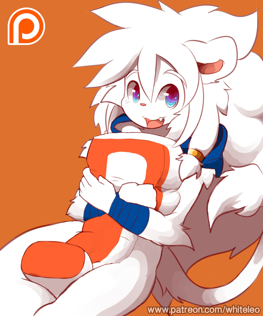 cute_fangs feline front_view hat leo_(whiteleo) lion looking_at_viewer mammal mane mostly_nude patreon pillow_hug sitting smile url whiteleo young