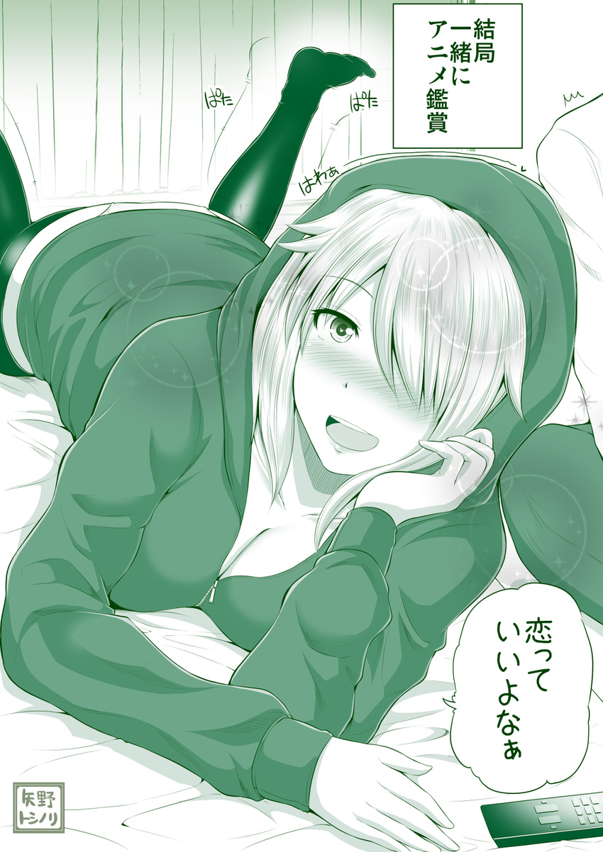 :d blush breasts cleavage commentary controller curtains elbow_rest green hair_over_one_eye hand_on_own_cheek heart heart-shaped_pupils highres hood hood_up hoodie large_breasts legs_up lying monochrome no_bra no_pants no_shoes on_bed on_stomach one_eye_covered open_mouth original panties pants remote_control sabo_rina shirt smile solo surprised symbol-shaped_pupils thighhighs translated underwear yano_toshinori