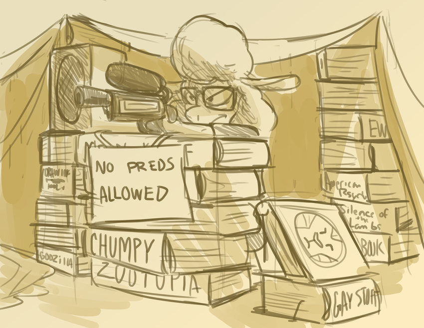 absurd_res anthro book book_fort caprine chumpyuno dawn_bellwether disney english_text eyewear female frown glasses hi_res mammal sheep sign solo text water_gun zootopia