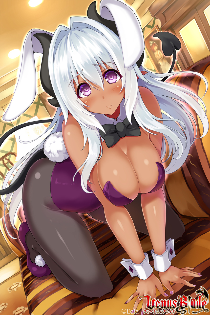 all_fours animal_ears bangs bare_shoulders black_bow black_legwear black_neckwear blush bow bowtie breasts bunny_ears bunny_girl bunny_tail bunnysuit ceiling closed_mouth company_name copyright_name couch dark_skin demon_girl demon_horns demon_tail detached_collar dutch_angle eyebrows eyebrows_visible_through_hair fake_animal_ears fake_tail full_body hair_between_eyes hair_intakes highres hisenkaede horns indoors large_breasts legs_apart leotard light_smile lights logo long_hair looking_at_viewer nail_polish official_art on_couch outline painting_(object) pantyhose pointy_ears pom_pom_(clothes) purple_eyes purple_footwear purple_leotard purple_nails shoes sidelocks smile solo strapless strapless_leotard striped tail venus_blade vertical_stripes very_long_hair white_hair wrist_cuffs