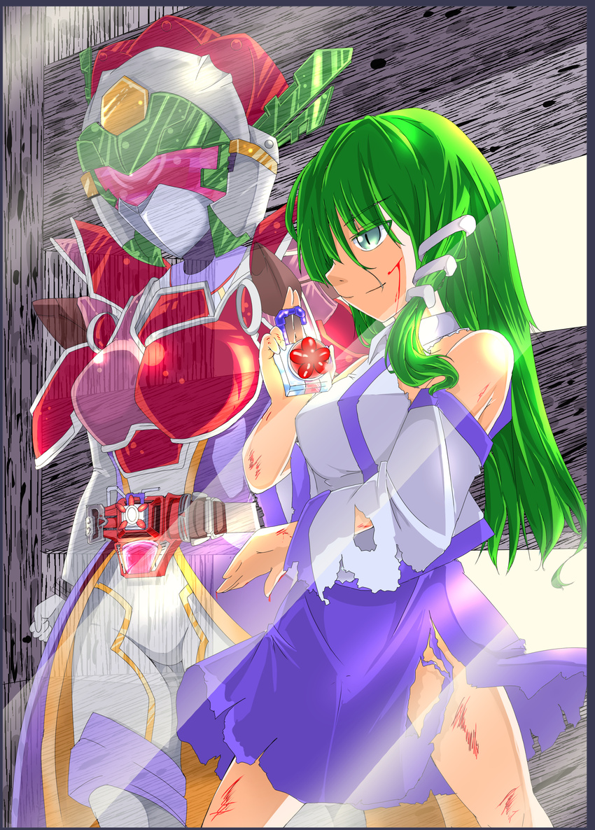 absurdres armor bleeding blood blue_skirt bodysuit cuts detached_sleeves furofuki_(nofannolife) genesis_driver green_eyes green_hair hair_ornament helmet henshin henshin_pose highres injury kamen_rider kamen_rider_gaim_(series) kochiya_sanae lock lock_seed long_hair multiple_girls padlock pose rider_belt scratches shirt skirt slit_pupils snake_hair_ornament torn_clothes torn_shirt torn_skirt torn_sleeves touhou white_shirt wide_sleeves