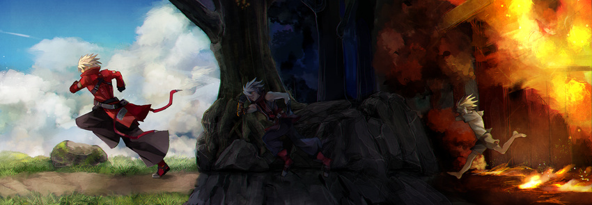 age_progression akilico barefoot black_gloves black_pants blazblue boots fire gloves highres jacket male_focus multiple_views pants ragna_the_bloodedge red_jacket running shorts silver_hair spoilers