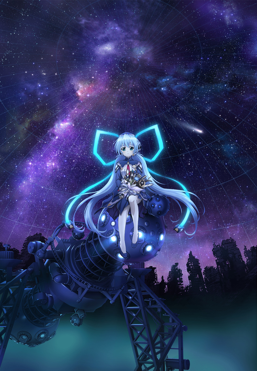 absurdres aqua_eyes artist_request blue_hair blush bouquet building closed_mouth flower gloves glowing high_heels highres holding holding_bouquet hoshino_yumemi long_hair long_sleeves low_twintails night night_sky official_art planetarian planetarium projector ribbon ruins shirt shoes shooting_star sitting skirt sky smile solo sparkle star_(sky) starry_sky thighhighs twintails very_long_hair white_gloves white_legwear
